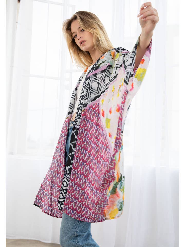 Black Fuchsia Combo Bohemian Floral Abstract Print Cocoon Kimono for wholesale on Faire