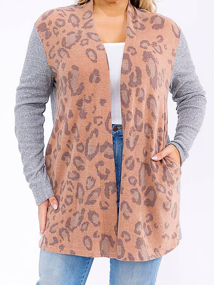 ANIMAL PRINT CONTRAST POCKETS OPEN FRONT CARDIGAN for wholesale by ROUSSEAU