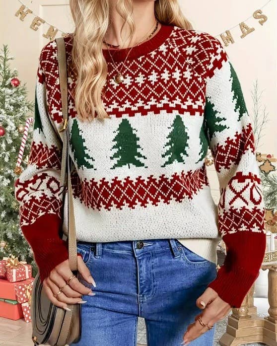 Red Christmas Tree Argyle-Patterned Crew Neck Knitted Sweater for wholesale on Faire1