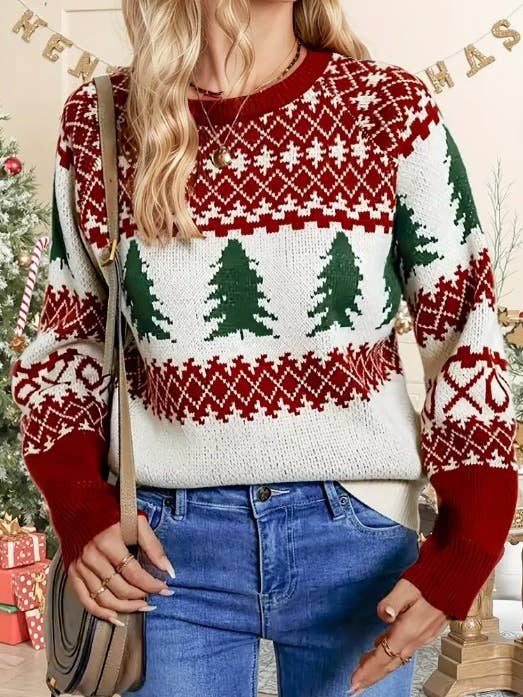 Red Christmas Tree Argyle-Patterned Crew Neck Knitted Sweater for wholesale on Faire1