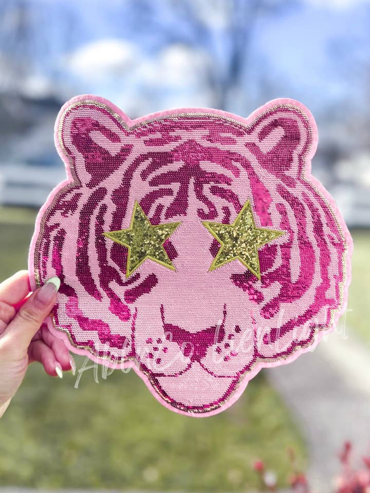 ABLNco - Wholesale Sweatshirt - Women's - Hot Pink Tiger Mascot Sequin Patch Preppy Crew Sweatshirt2