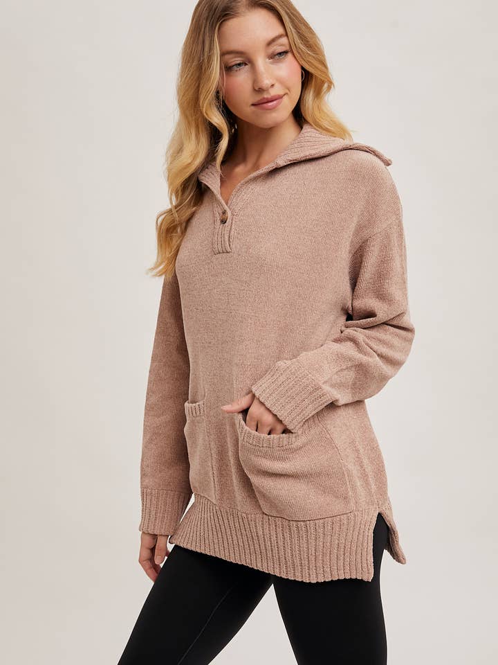 Bluivy - Wholesale Knit Sweater - Women's - ONE BUTTON FRONT FLAP COLLAR RIBBED KNIT SWEATER PULLOVER