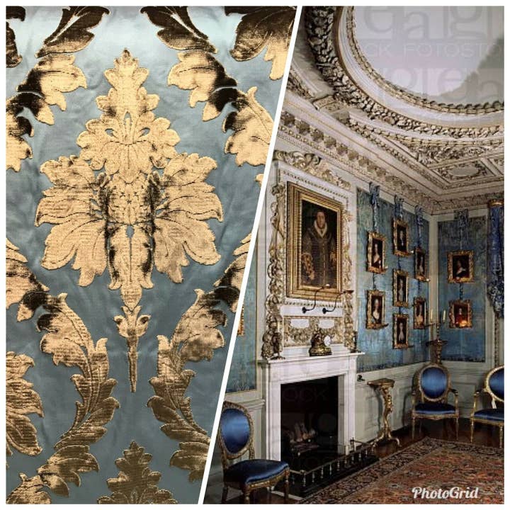 Emperor Walter - LARGE REPEAT- Designer Italiaanse burn-out damast chenille blauwe bronzen stoffen bekleding voor wholesale door Fancy Styles Fabric