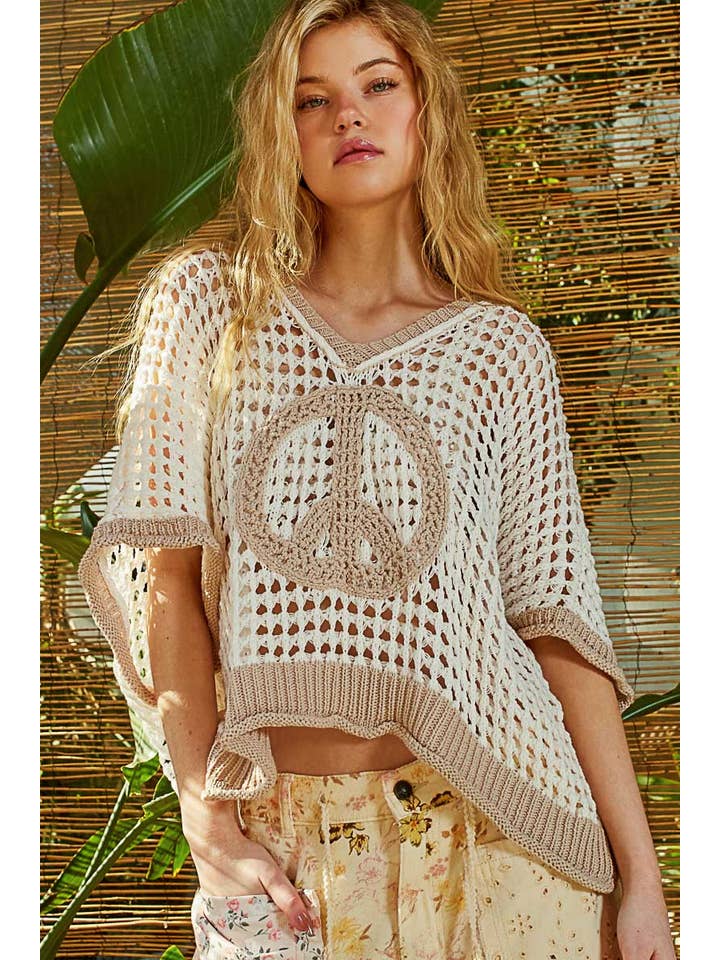 Pol Clothing - Wholesale Knit Sweater - Women's - Oversize v-neck short sleeve peace sign sweater SALE