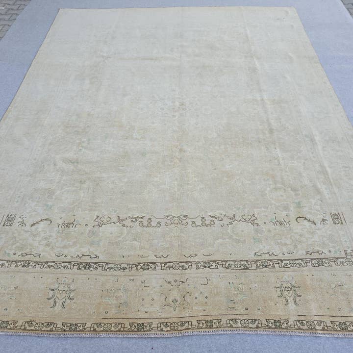 Antique Oushak Rug 9.6x12.6 ft, Faded Turkish Wool Rug, Neutral Decor for wholesale by MesopotamiaRugs
