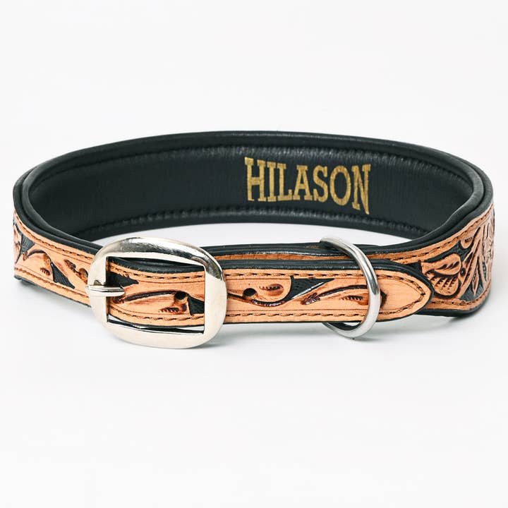 HILASON - Wholesale Pet Collar - Dog - Beaded Hand Tooled Strong Leather Dog Collar Black/Tan