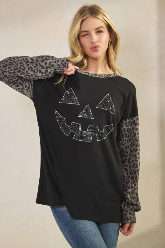 Sunday Morning - Wholesale Tunic - Women's - T0677HE12-Rhinestone Pumpkin Animal Contrast Top3