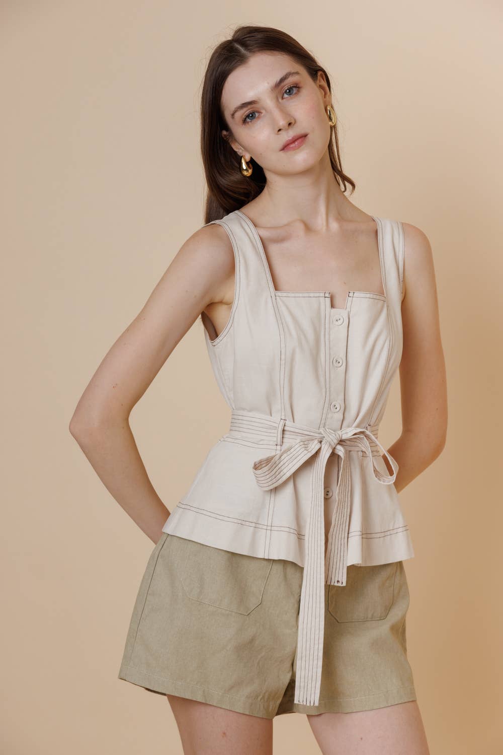 A & SHE - Wholesale T-Shirt - Women's - Square Neck Button Down Contrast Stitch Belted Top1