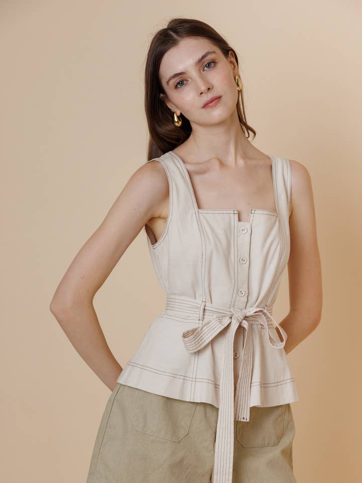 A & SHE - Wholesale T-Shirt - Women's - Square Neck Button Down Contrast Stitch Belted Top1