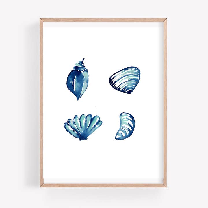 Four Seashells Coastal Blue Watercolor Art Print for wholesale by Farmcliff Studio