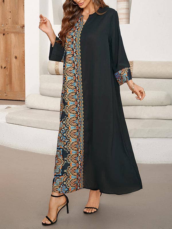 BLACK Loose Muslim Printed Midi Dresses for wholesale on Faire0