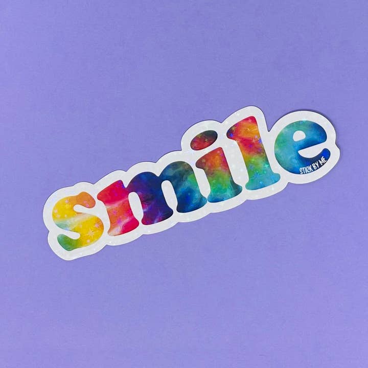 Holographic Tie Dye Smile Sticker Vinyl Rainbow for wholesale by Stick by Me Stickers