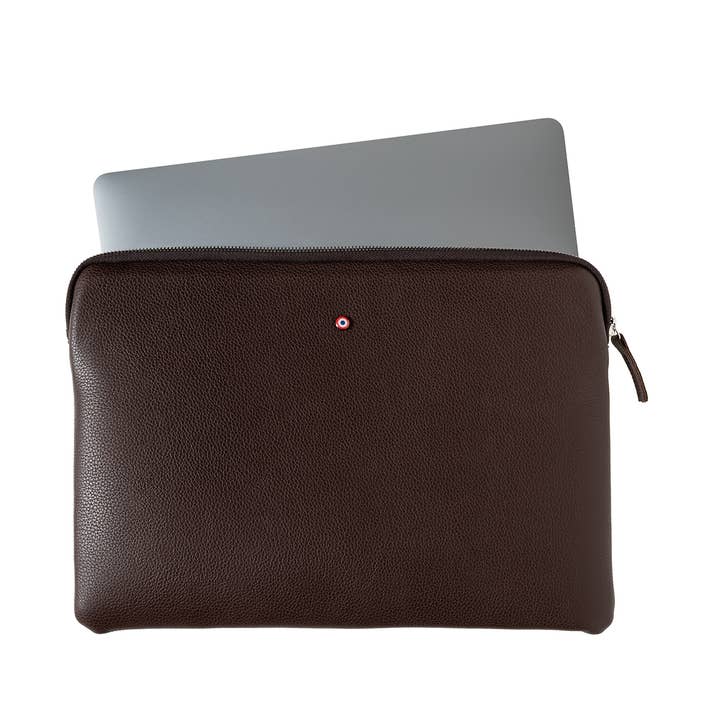 Funda de ordenador de cuero granulado Gabriel Brown fabricada en Francia para venta al por mayor de Larmorie Officiel