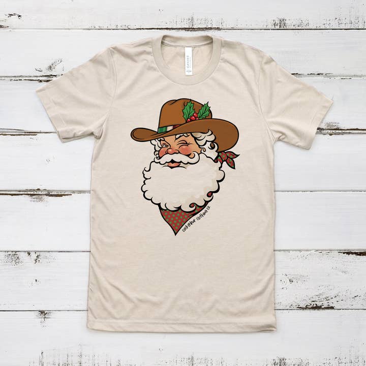 Silk Rag Santa - Camiseta navideña occidental para venta al por mayor de Cocklebur & Co.