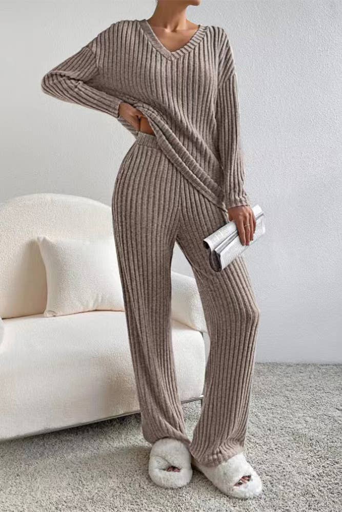 UNISHE - Wholesale Lounge Set - Women's - Plain V Neck Rib Long Sleeves Top With Pants 2pcs Set ZK5605