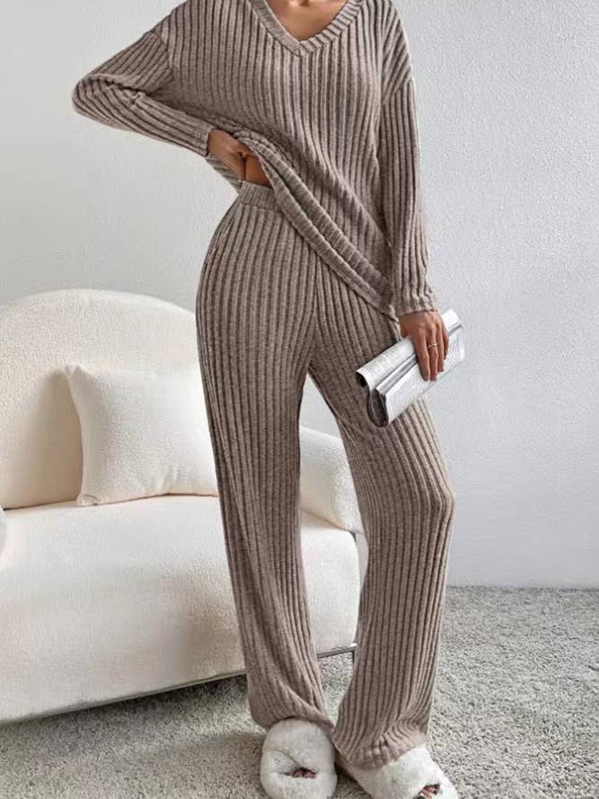 UNISHE - Wholesale Lounge Set - Women's - Plain V Neck Rib Long Sleeves Top With Pants 2pcs Set ZK5605