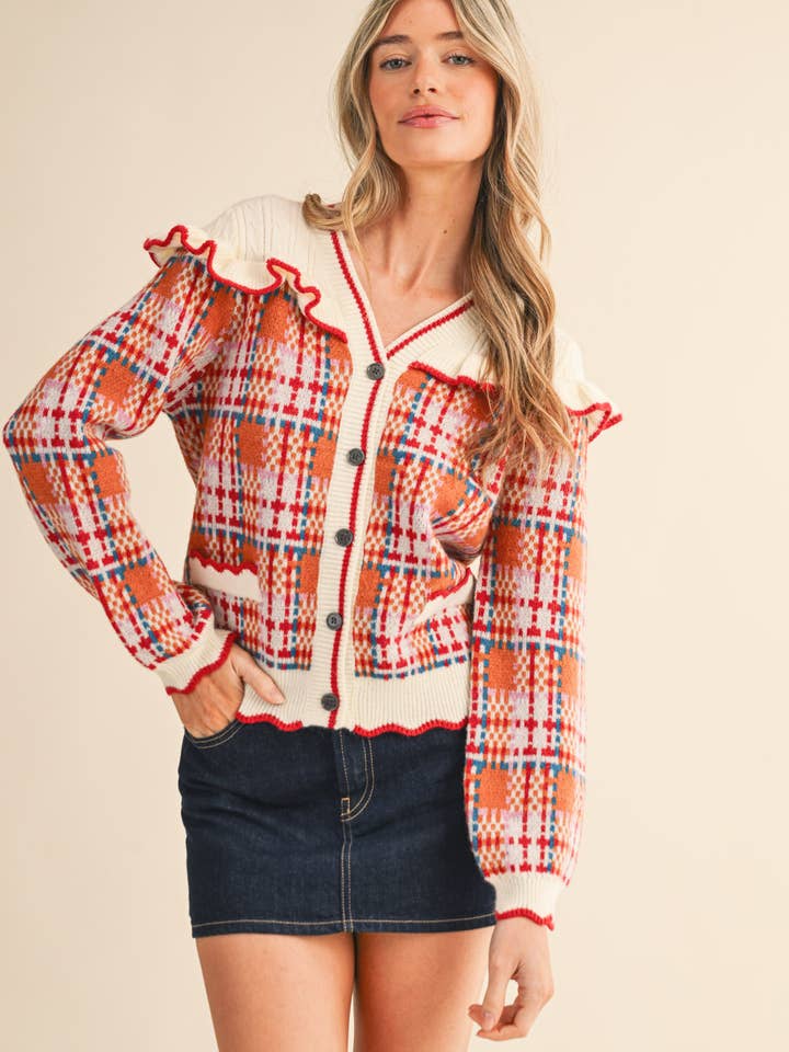&MERCI - Wholesale Cardigan - Women's - RUFFLED YOKE PLAID SWEATER CARDIGAN MSW1118520