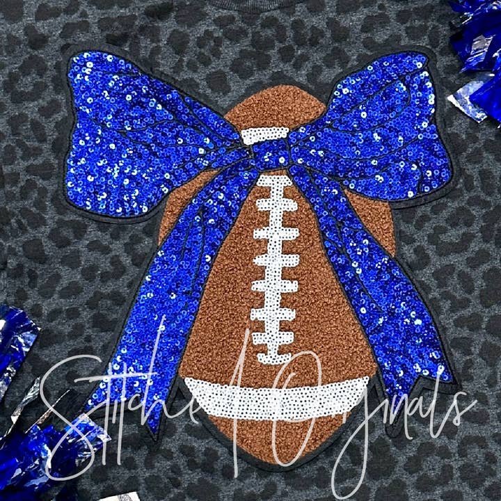 Football with BLUE sequin Bow Patch, Custom 10” Football for wholesale by Stitched Originals