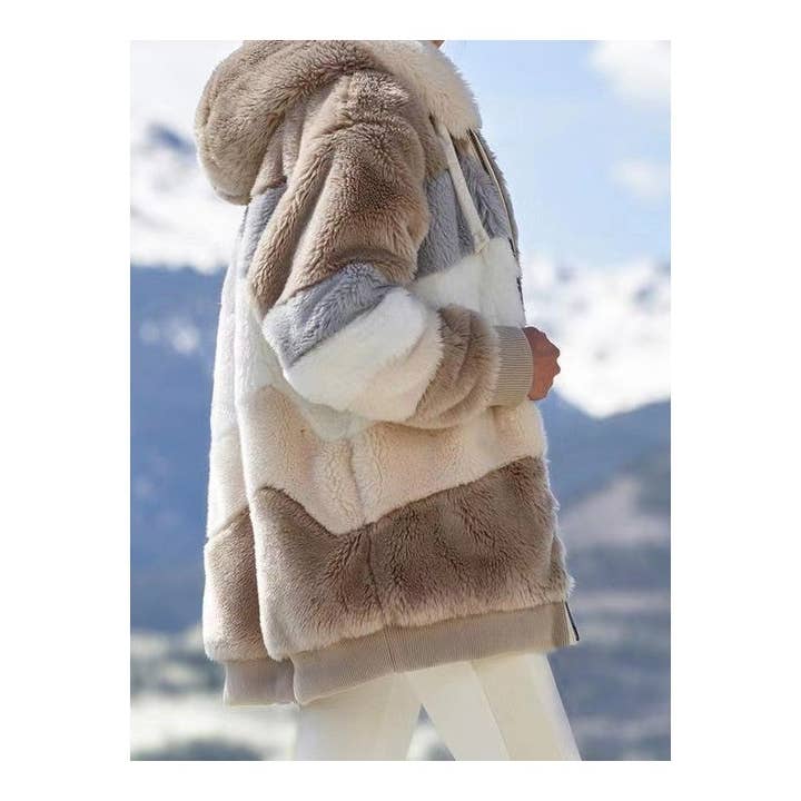 Ekartini - Wholesale Fur/Faux Fur Coat - Women's - Winter Women Jacket Fashion Plush Patchwork Zipper Pocket Winter Hooded Jacket Retro Loose Long Sleeve Coat6