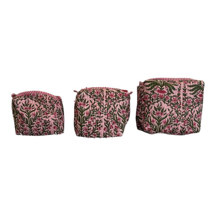 Quilted Block Print Cosmetic Bags - Dark Pink and Green for wholesale by Golden Lily