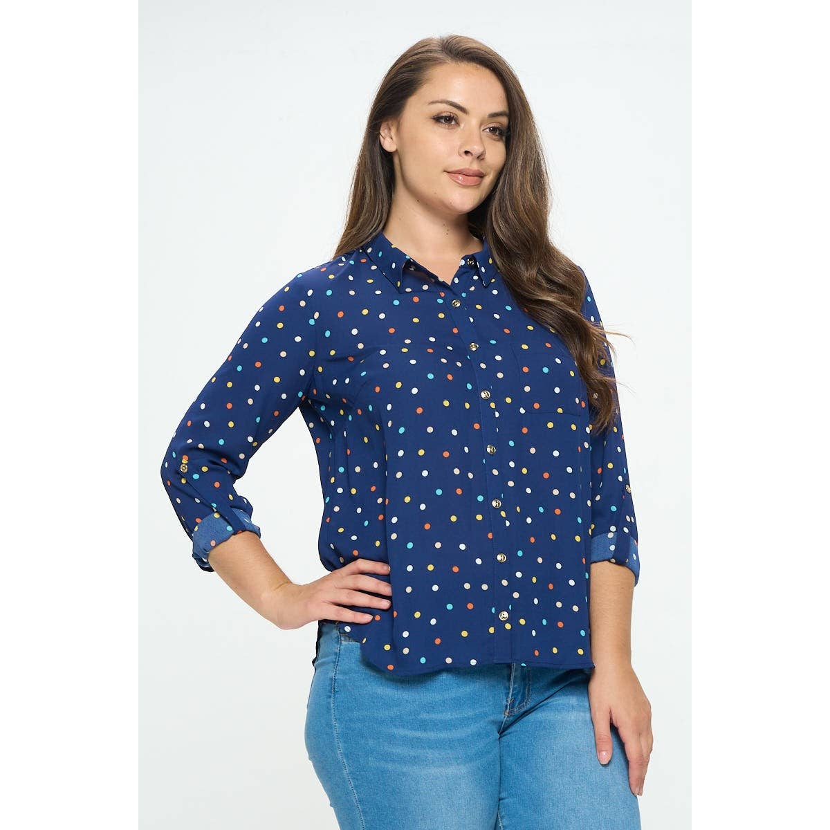 Curve Market - Vente Chemise à col boutonné – femme - CHEMISIER À COL BOUTONNÉ À POIS GRANDE TAILLE2