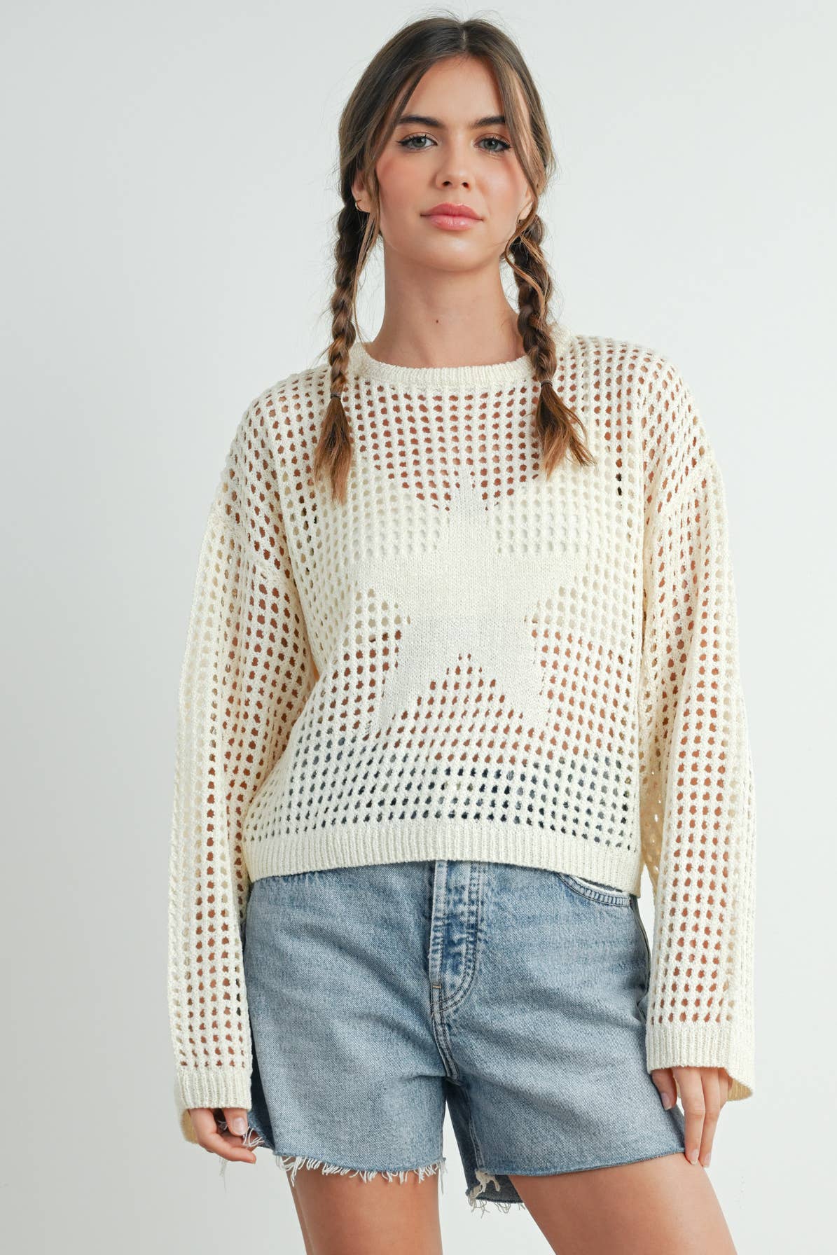 BUTTERMELON - Wholesale Knit Sweater - Women's - Crew Neck Crochet Sweater - BMW763322