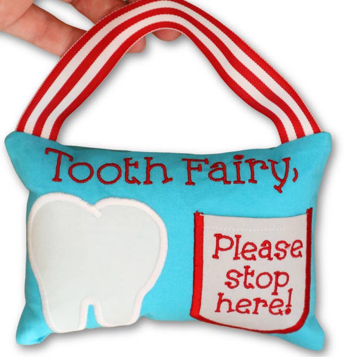 Tooth Fairy Pillow, Teal and Red for wholesale by Stitched by Tempa