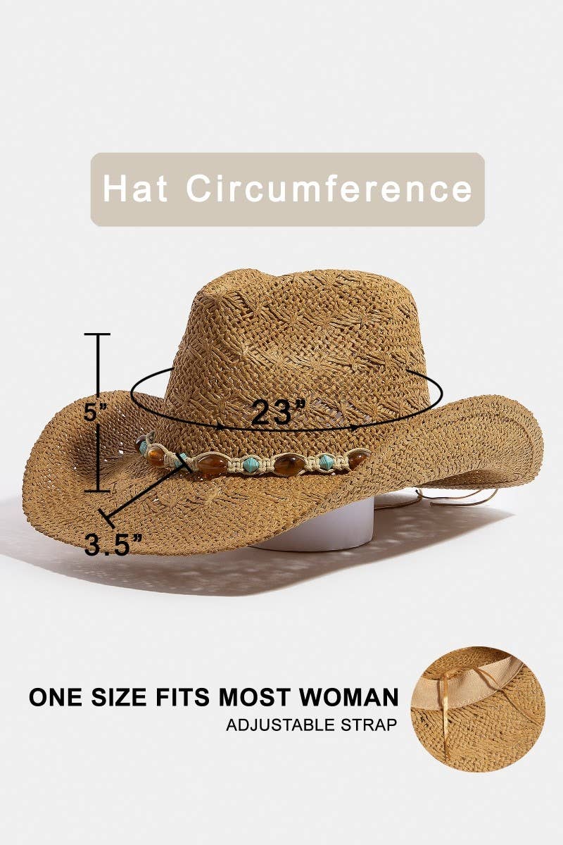 Collections by Fame Accessories - Wholesale Straw Hat - Women's - Mixed Beaded And Rope Western Fedora Straw Hat1