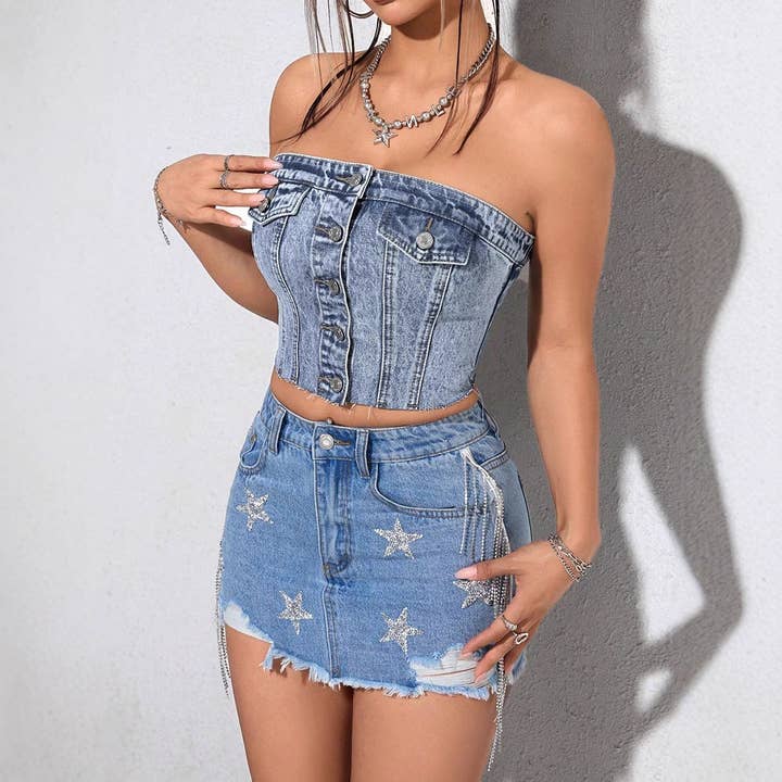 Blue Women Smocked Button Front Denim Corset Top for wholesale on Faire1