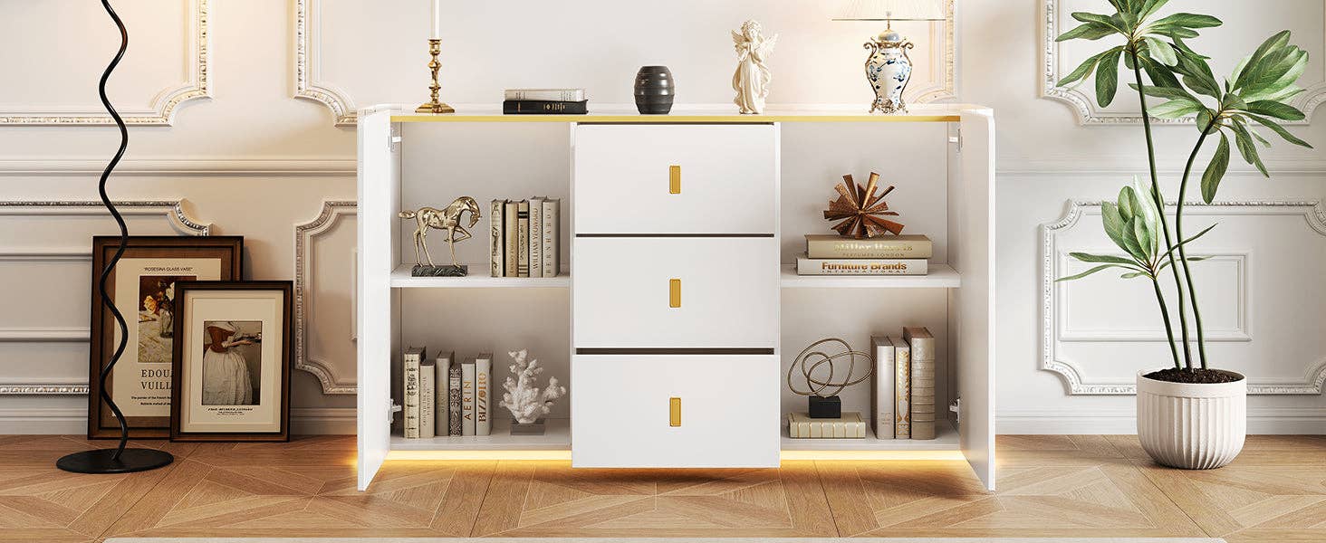 Urban Meuble – Aparador por atacado – Buffet branco elegante 2 portas, 2 gavetas com iluminação LED 150*35*80cm KRAUDREL16