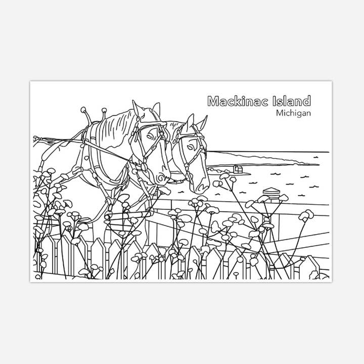 Coloring Postcard - Mackinac Island Garden & Horses for wholesale by Mackinac Memories