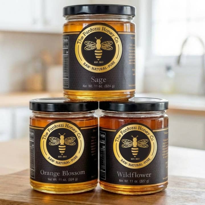 Wildflower, Sage & Orange Blossom Raw Honey Mixed Case 11oz for wholesale by Fantozzi Honey Company