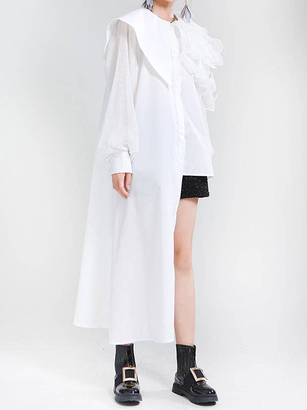 VividLux - Wholesale Blouse - Women's - Long Sleeves Loose Asymmetric Pleated Solid Color Split-Joint Falbala Lapel Blouses&Shirts Tops17