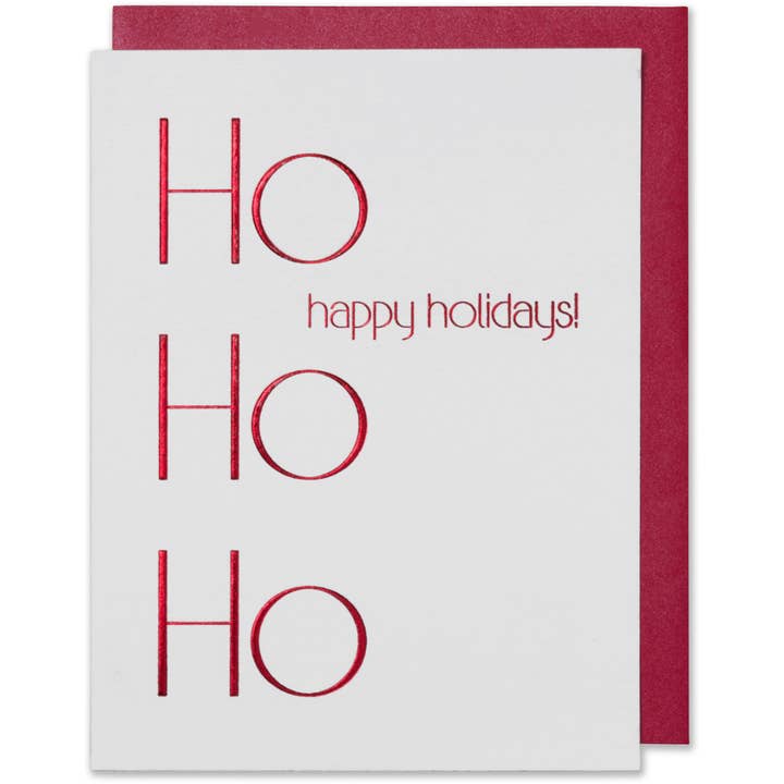 Ho Ho Ho Happy Holidays, Christmas Card, Red Foil Embossed for wholesale by WowWordZ