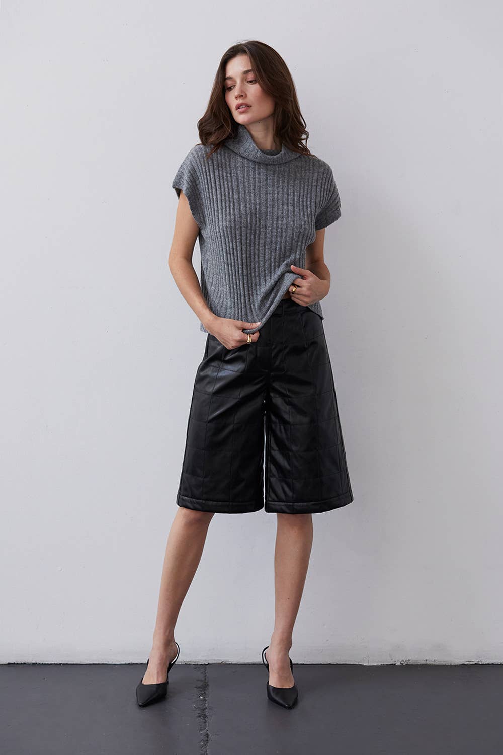 BLACK CP8184 - Amanda Vegan Pu Leather Bermuda Quilted Shorts for wholesale on Faire4