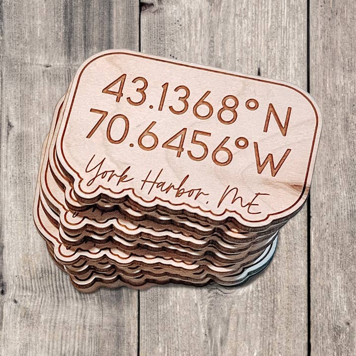 CUSTOM Wood Magnets | GPS Coordinates -Personalized Magnets for wholesale by Wild Larch Creative