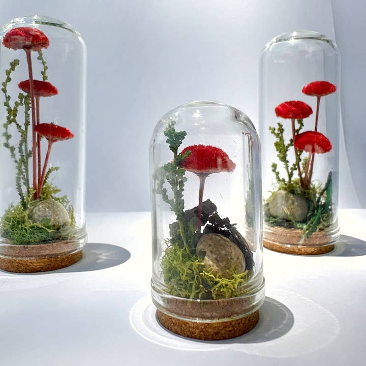 Red Mushroom Fields Mini Terrarium Decor w Dried Florals for wholesale by CA Studios