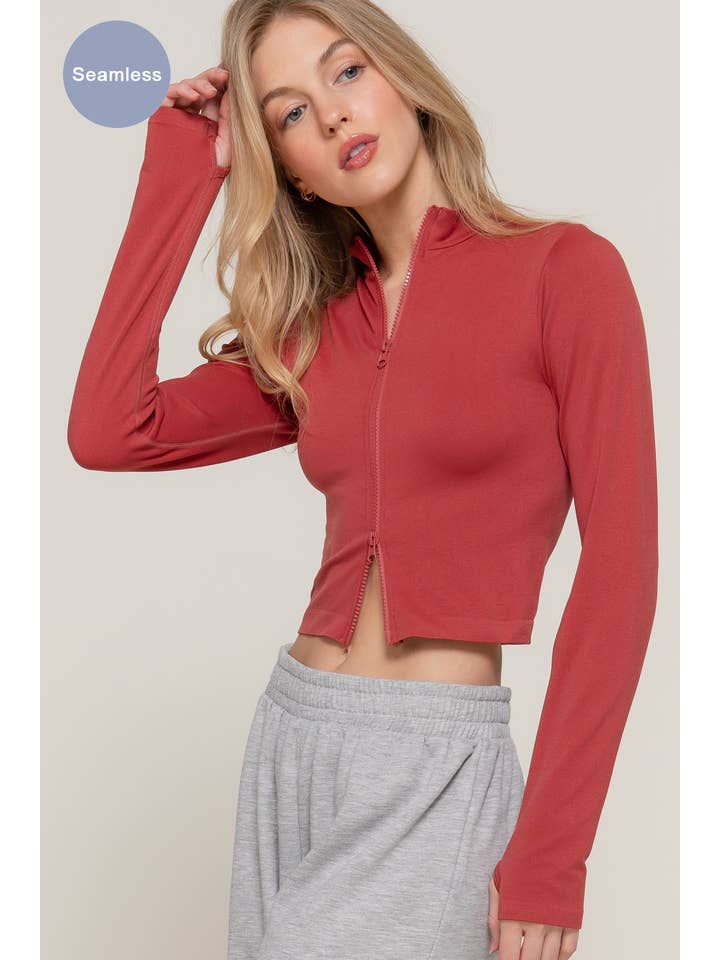 Active Basic | Active USA - Wholesale Athletic Top - Women's - Long Sleeve with Thumbholes Mock Neck Zip Up Seamless Top