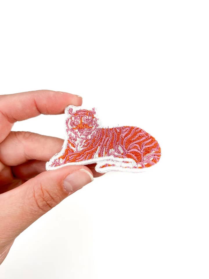 Pink Tiger Embroidered Iron-On Patch for Hat Mascot Nature for wholesale by Field Trip Threads