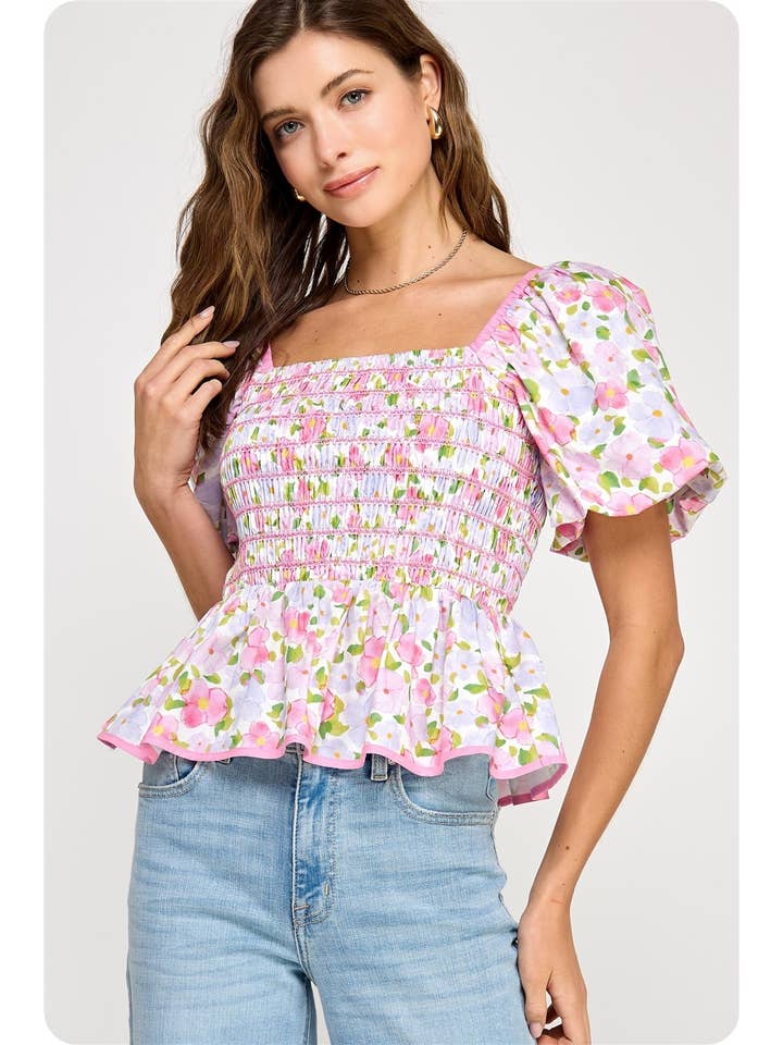 Strut & Bolt - Wholesale Blouse - Women's - Floral Print Contrast Smocking Top