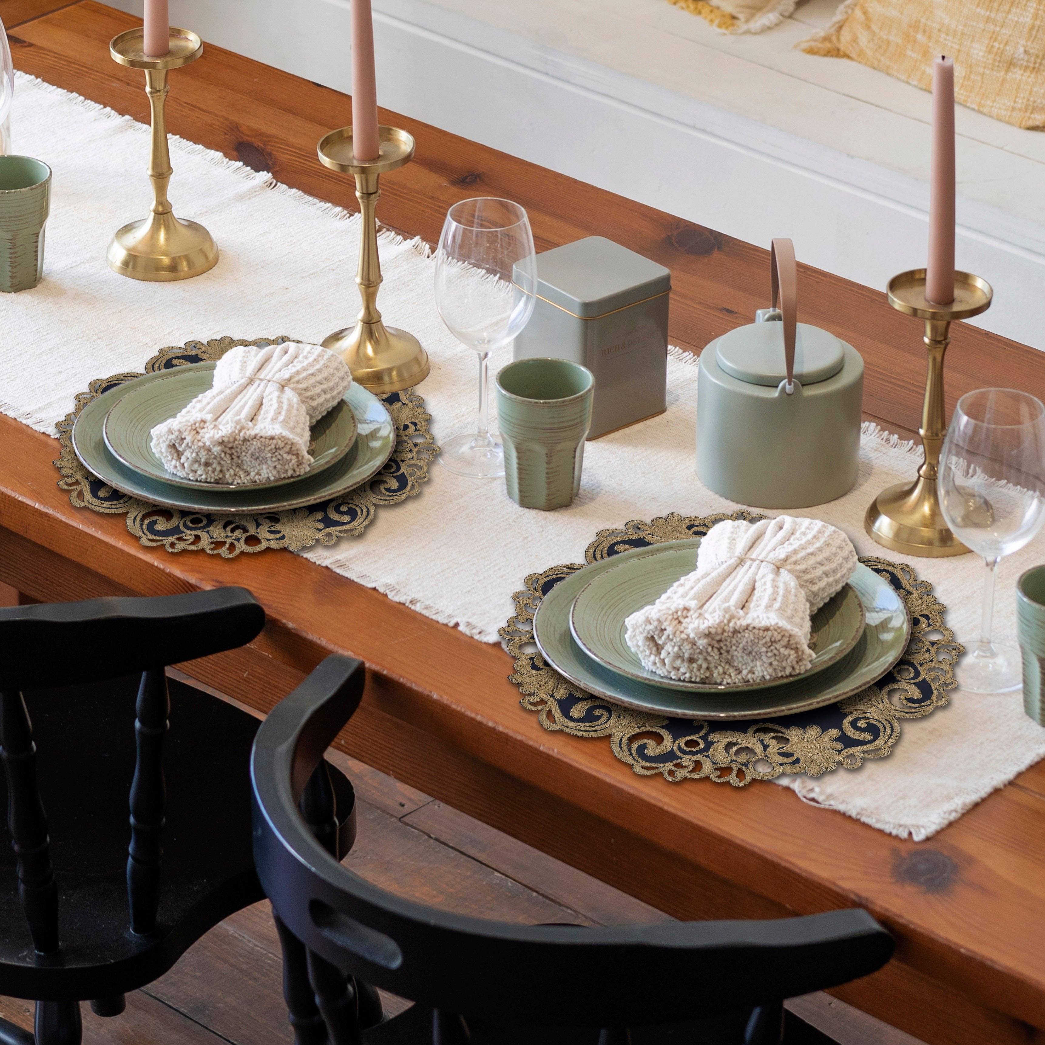 Decozen - Wholesale Placemat - Vintage Opulence – Gold Lace Blue Round Doilies, The Vintage Opulence Collection European Embroidery Décor 15 inch3