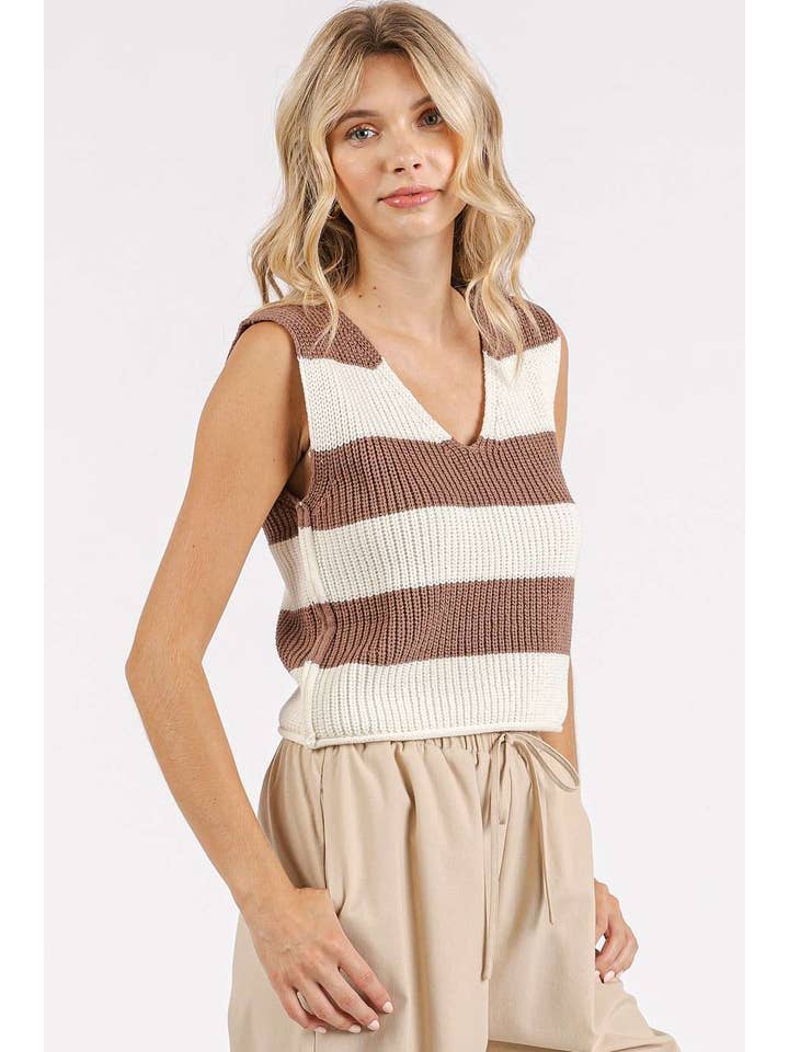 mittoshop - Wholesale Sweater Vest - Women's - STRIPED V-NECK CROPPED SWEATER VEST TOP24