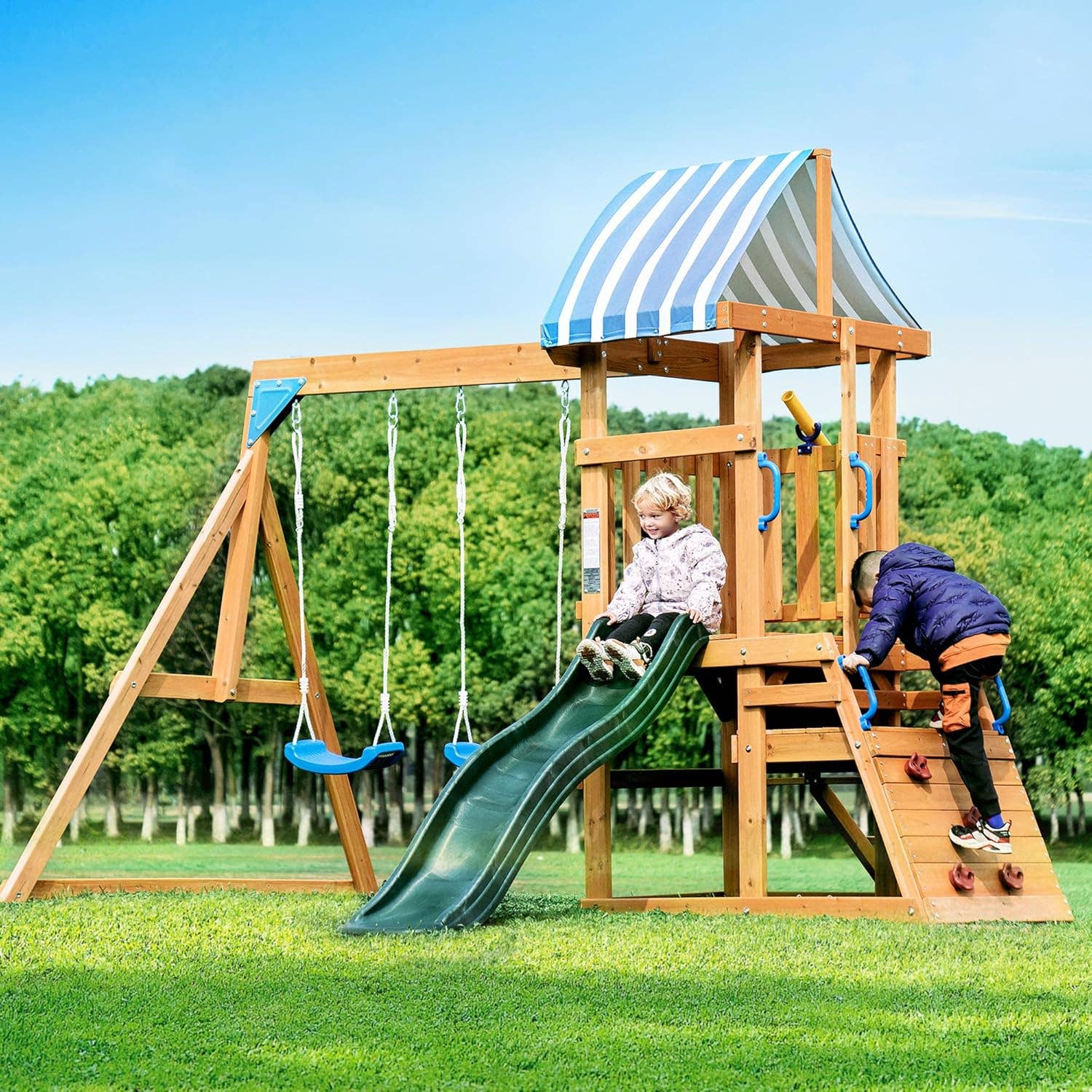 Robud & Mewoofun Official Store - Wholesale Swing Set - ROBUD Outdoor Wooden Swing Set with Two Swings for Backyard8