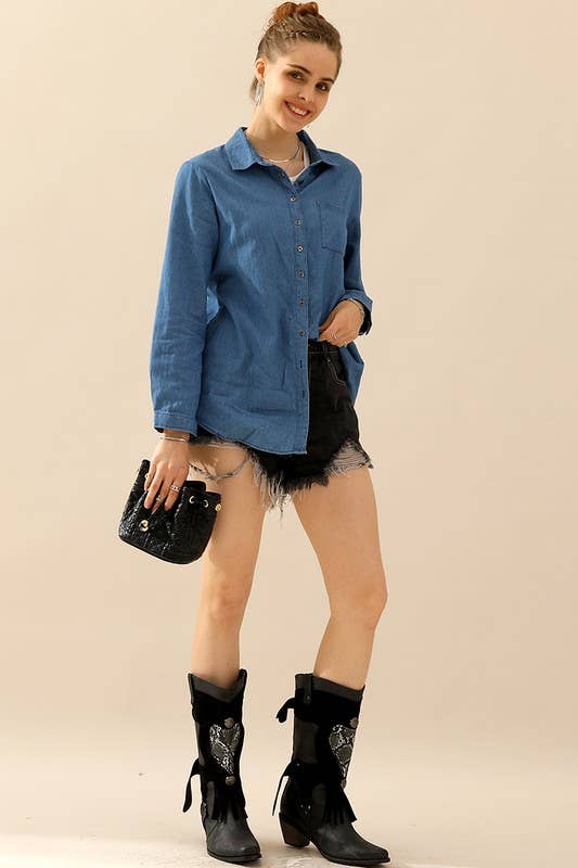 NINEXIS - Wholesale Button Down Shirt - Women's - CWTSTL088_DENIM CHAMBRAY BUTTON UP LONG SLEEVE TOP14