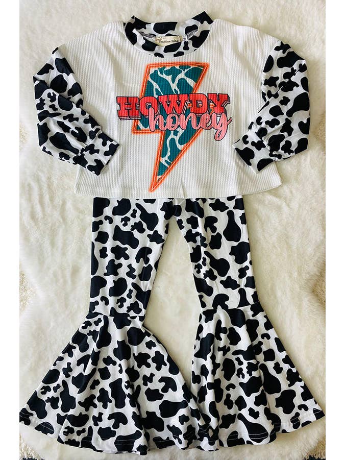 luluclothes - Wholesale Top & Pant Set - Kids - XCH0024-5H HOWDY honey lightning & cow prints 2pc girls set