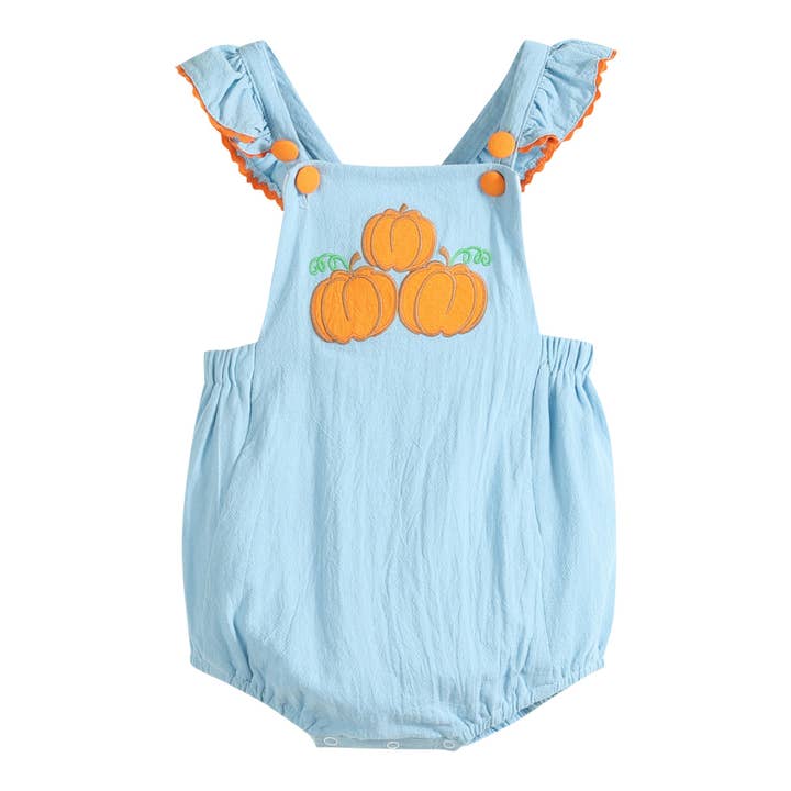 Blue Pumpkin Bubble Ruffle Romper for wholesale by Lil Cactus