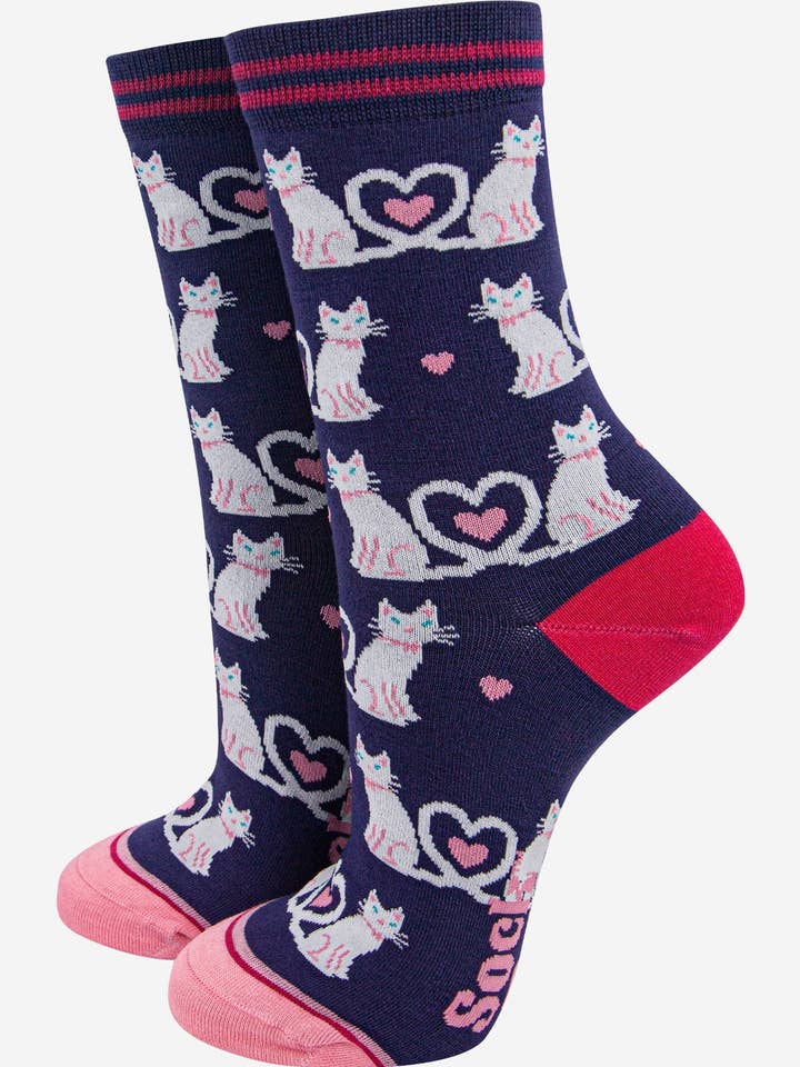 Women's Bamboo Socks - Navy Blue/White, Cats for wholesale by Sock Talk