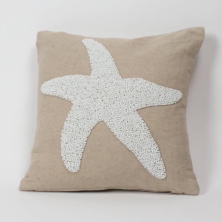 12 x 12 Natural Linen pillow cover with Beaded Starfish for wholesale by MAKA SEA, LLC