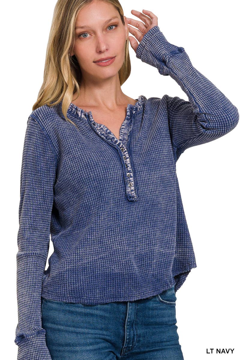 Apolline - Wholesale Knit Top - Women's - Washed Baby Waffle Henley Long Sleeve Top - Back Patch6