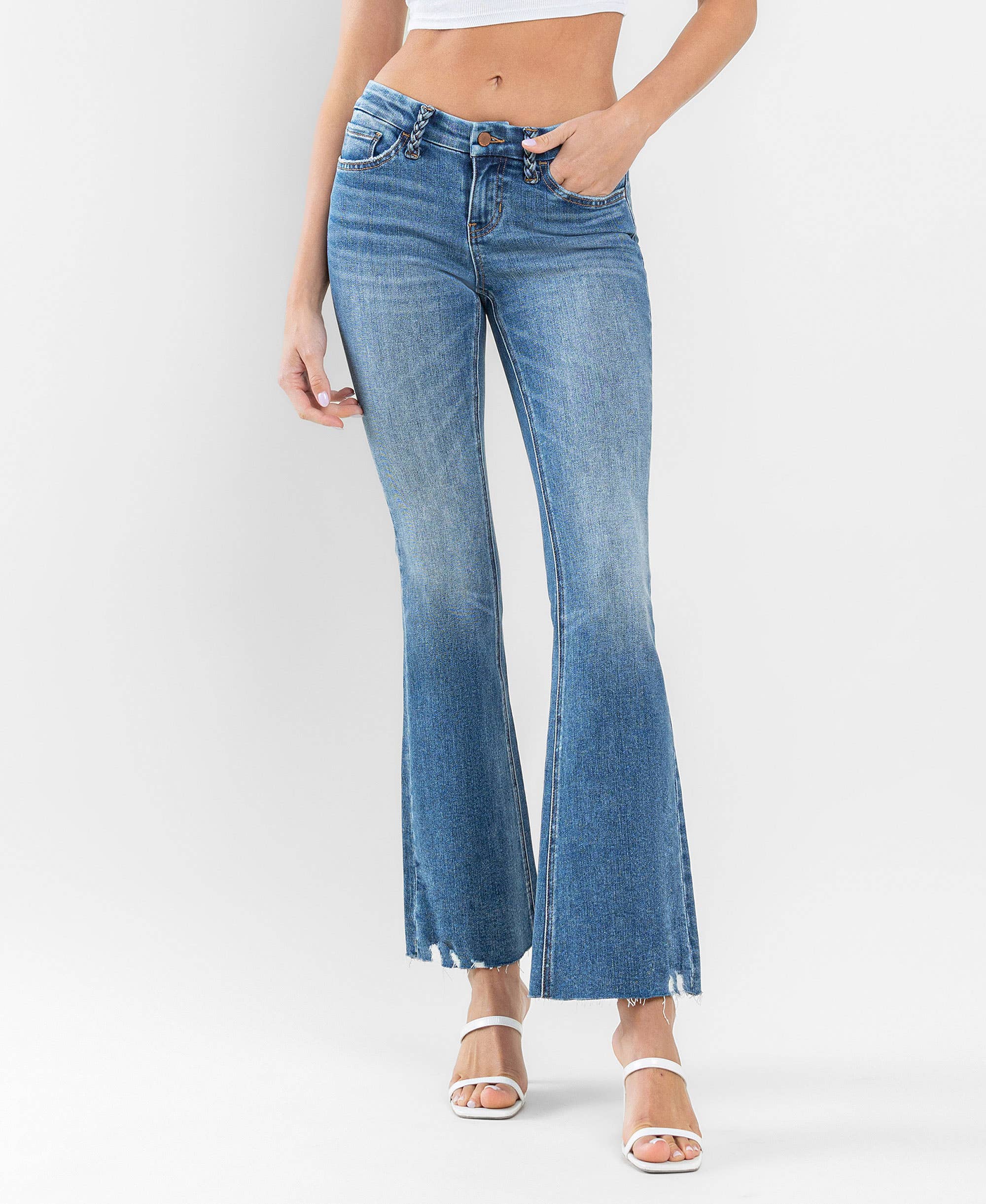 AMAZES LOW RISE BRAIDED BELT LOOP FLARE JEANS F5525 for wholesale on Faire7